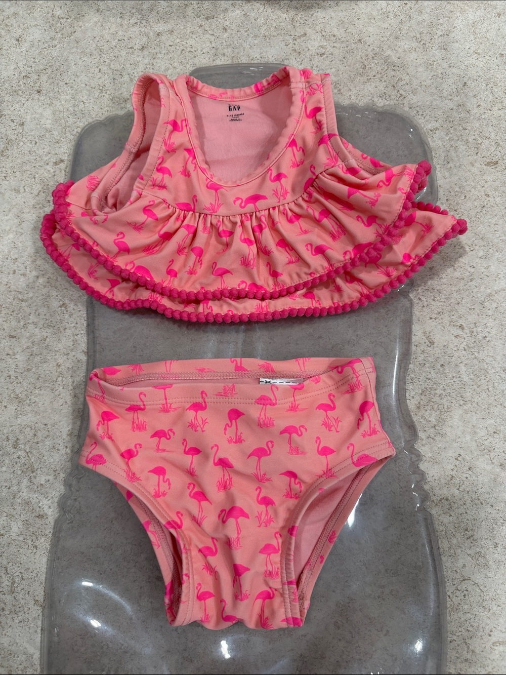 BABY GAP HOT PINK FLAMINGOS POM POM RUFFLE 2PC BIKINI SIZE 6-12 MONTHS